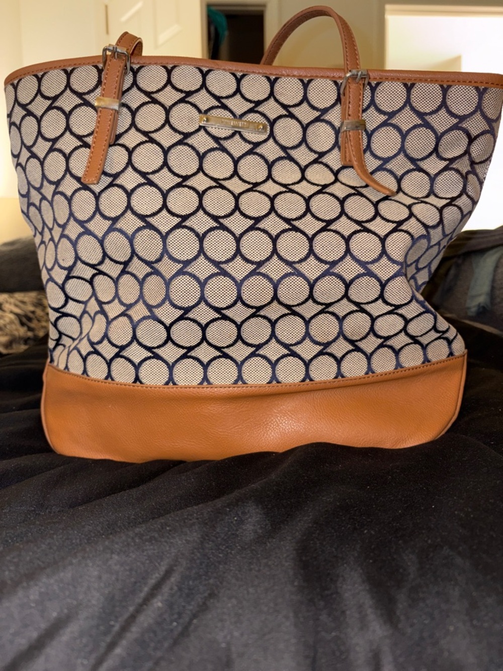Nine West Navy Circle Canvas Tote with Saddle Leather Trim